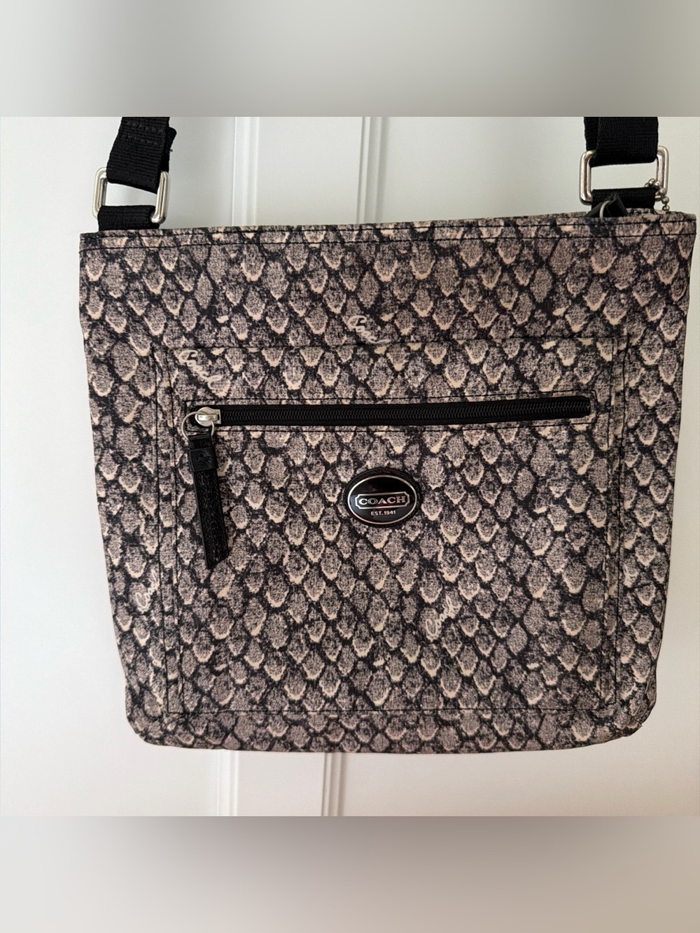 COACH Women's Snake-Print Crossbody Bag in Taupe and black